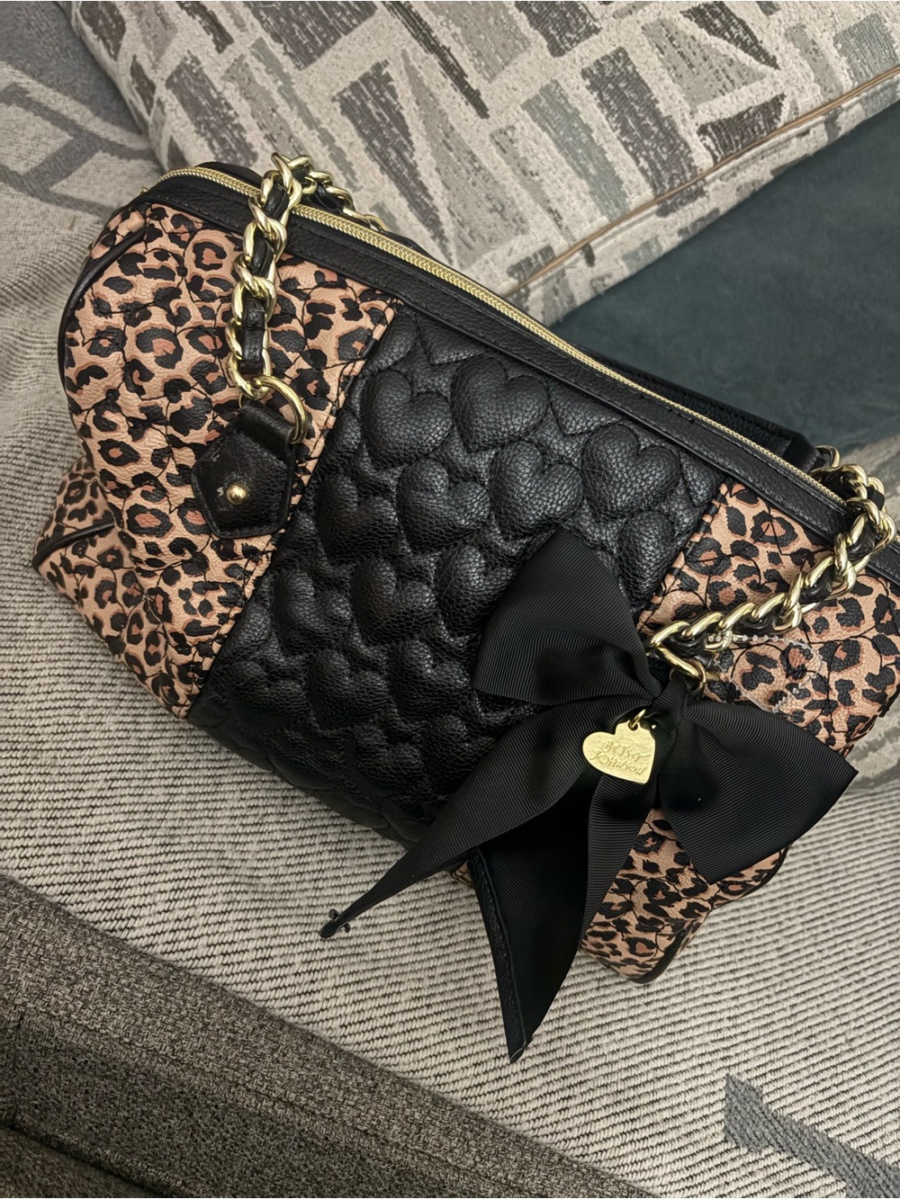 Betsey Johnson Black Quilted Heart Panel & Leopard Shoulder Bag with Bow